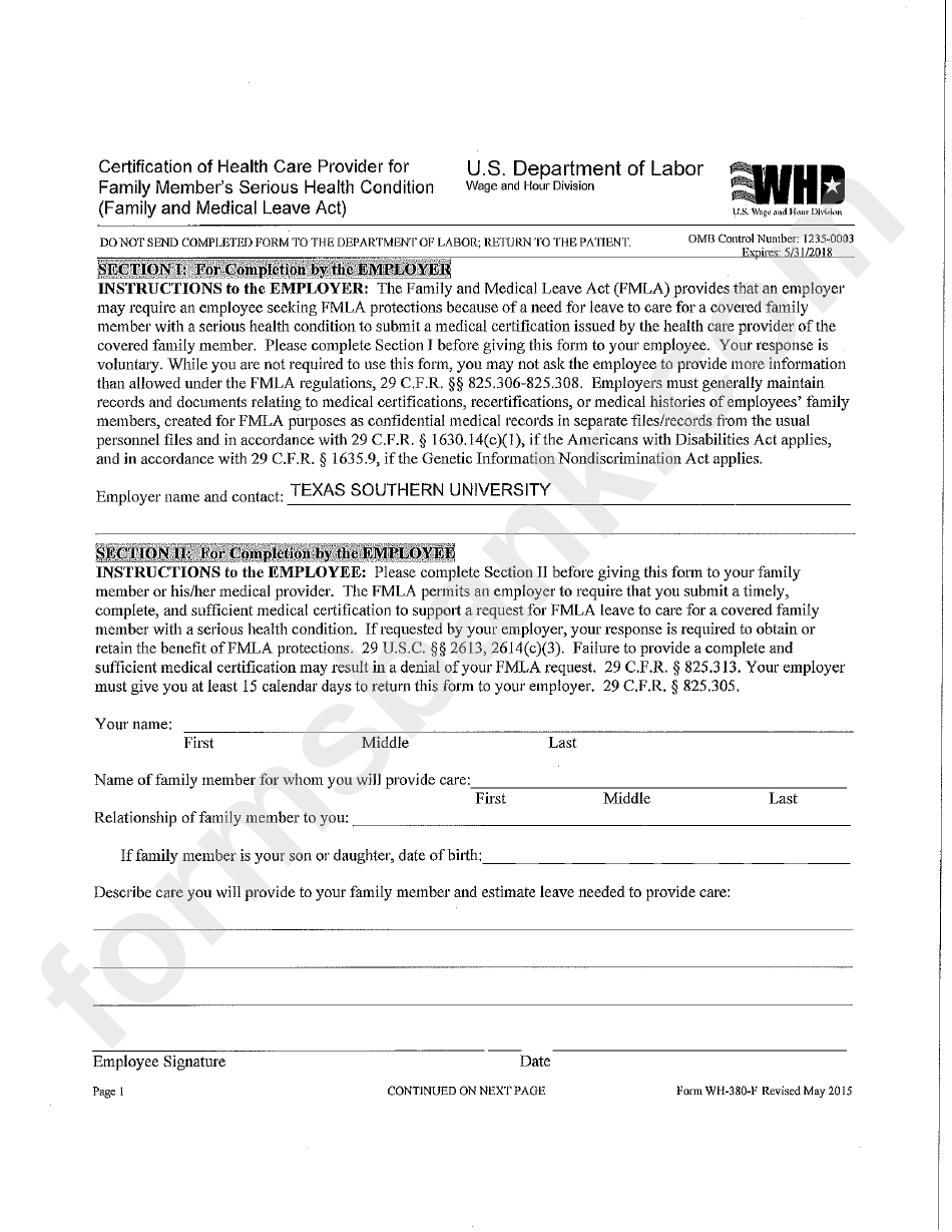 Form Wh 380 F Certification Of Health Care Provider For Member S 