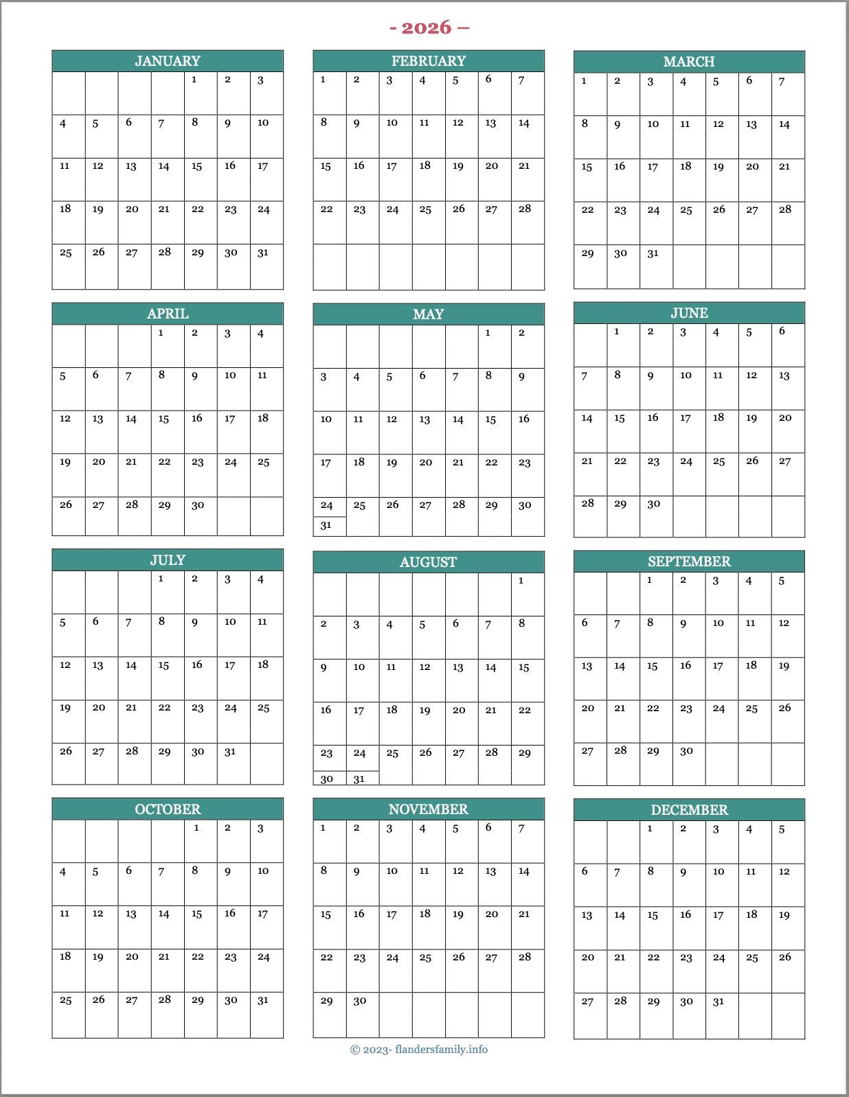 December Calendar Year 2026 Printable