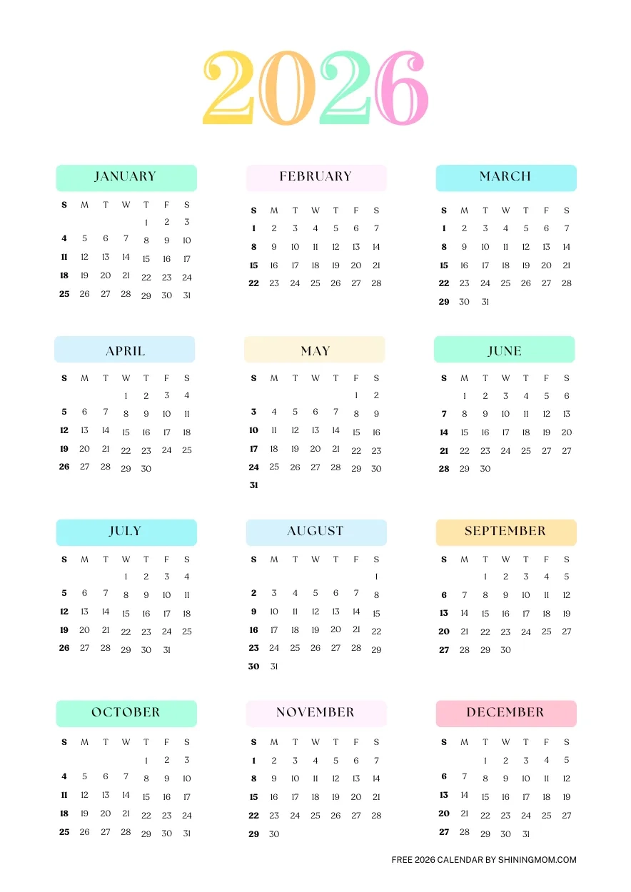 Free 2026 Yearly Calendar Printable