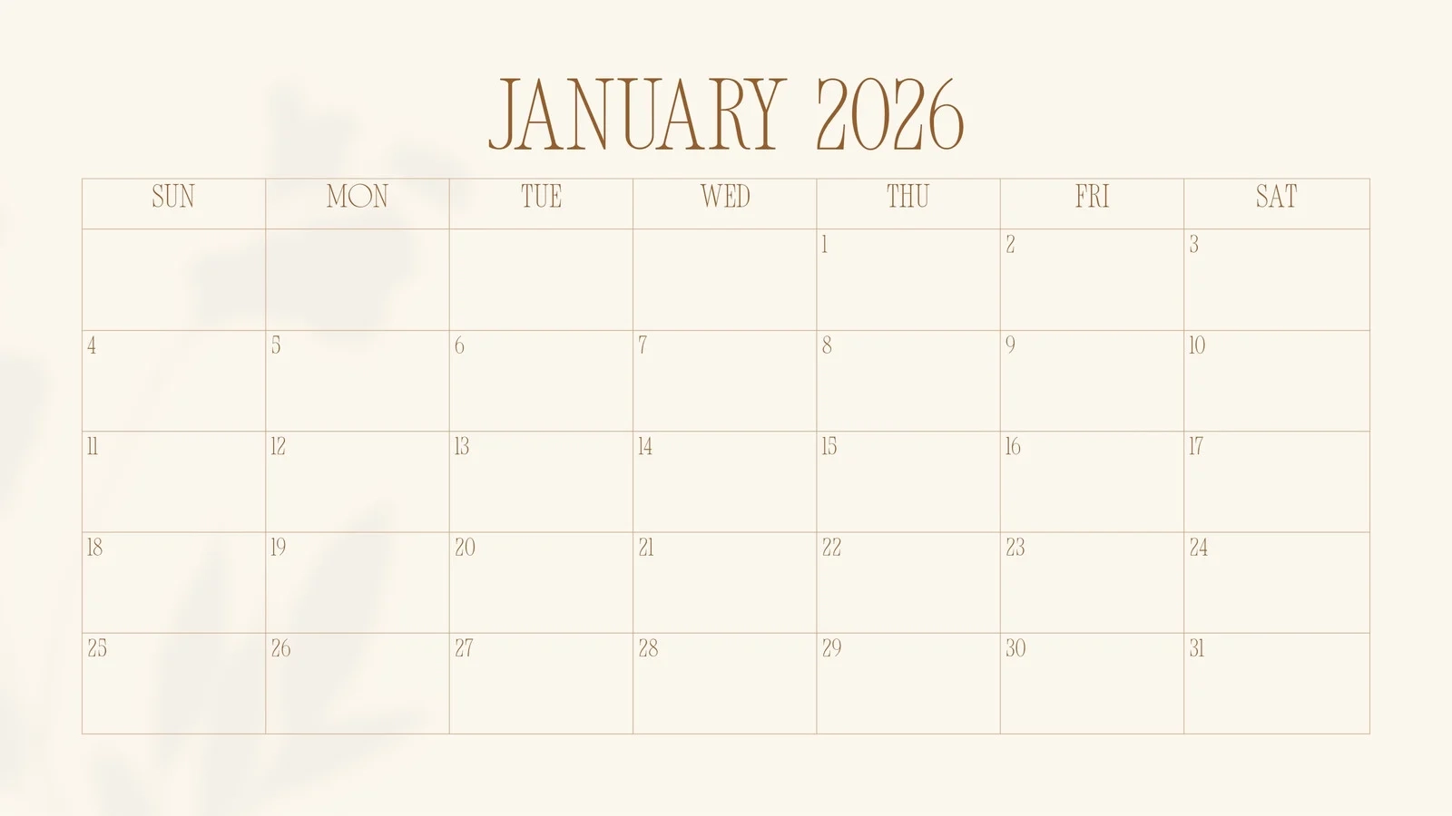 2026 Calendar Monthly Blank Printable