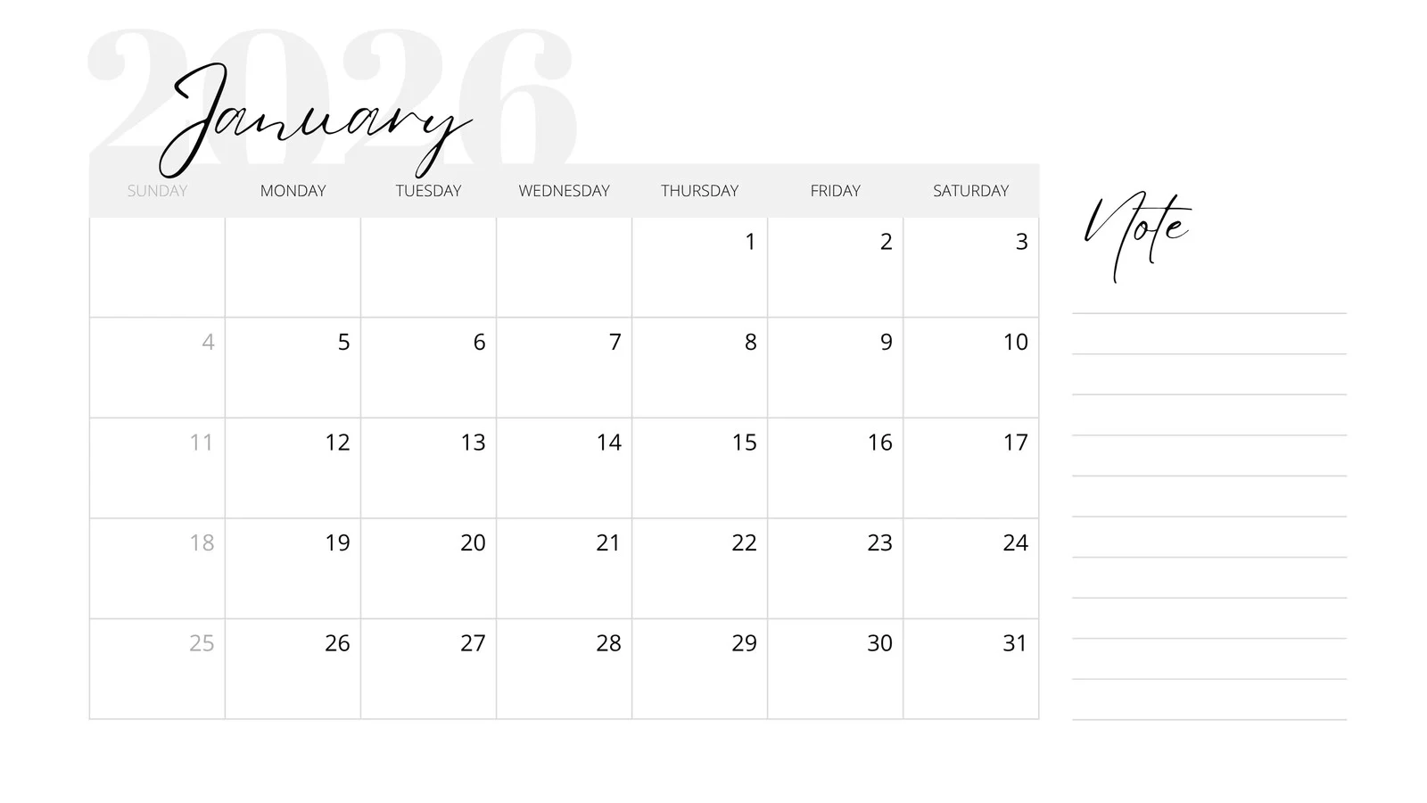 Free Blank Printable Large Box Monthly 2026 Calendar