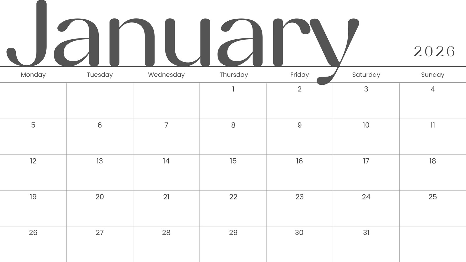 Jan 2026 Calendar Printable