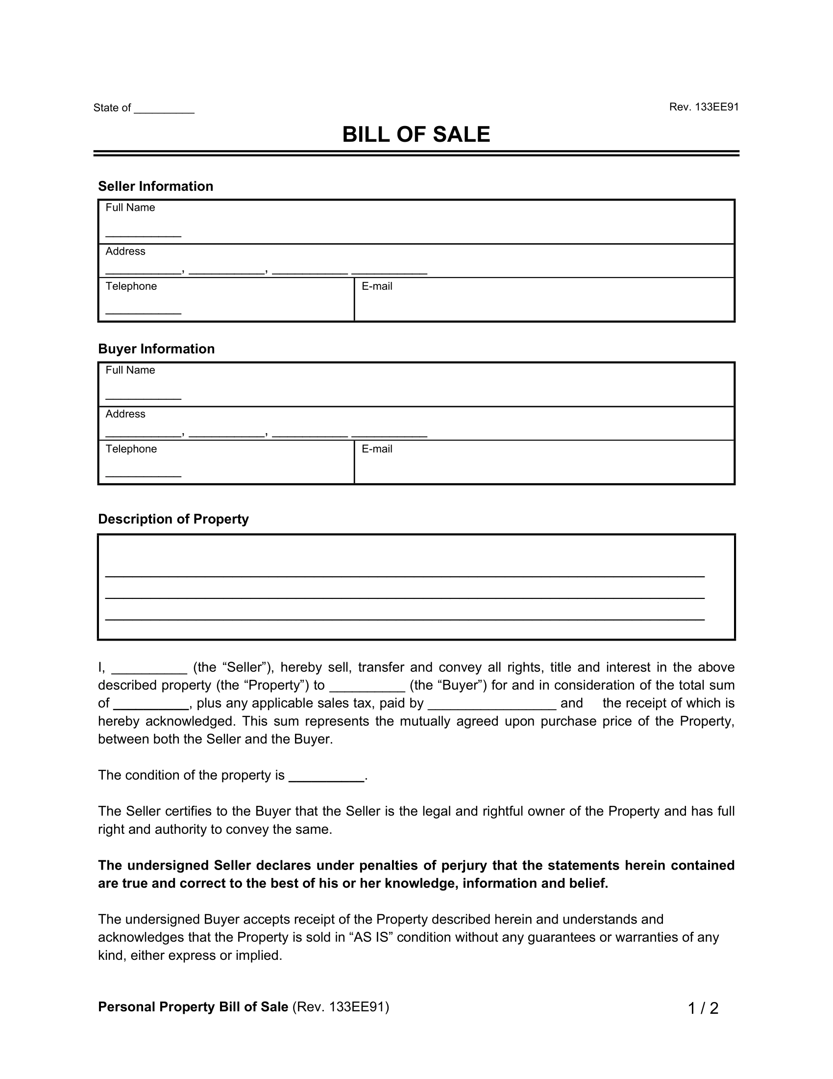 Bill Of Sale Form Free Printable Automobile