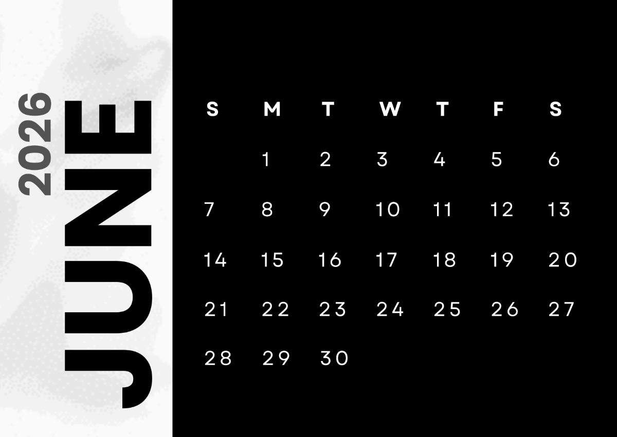 June 2026 Calendar Black And White