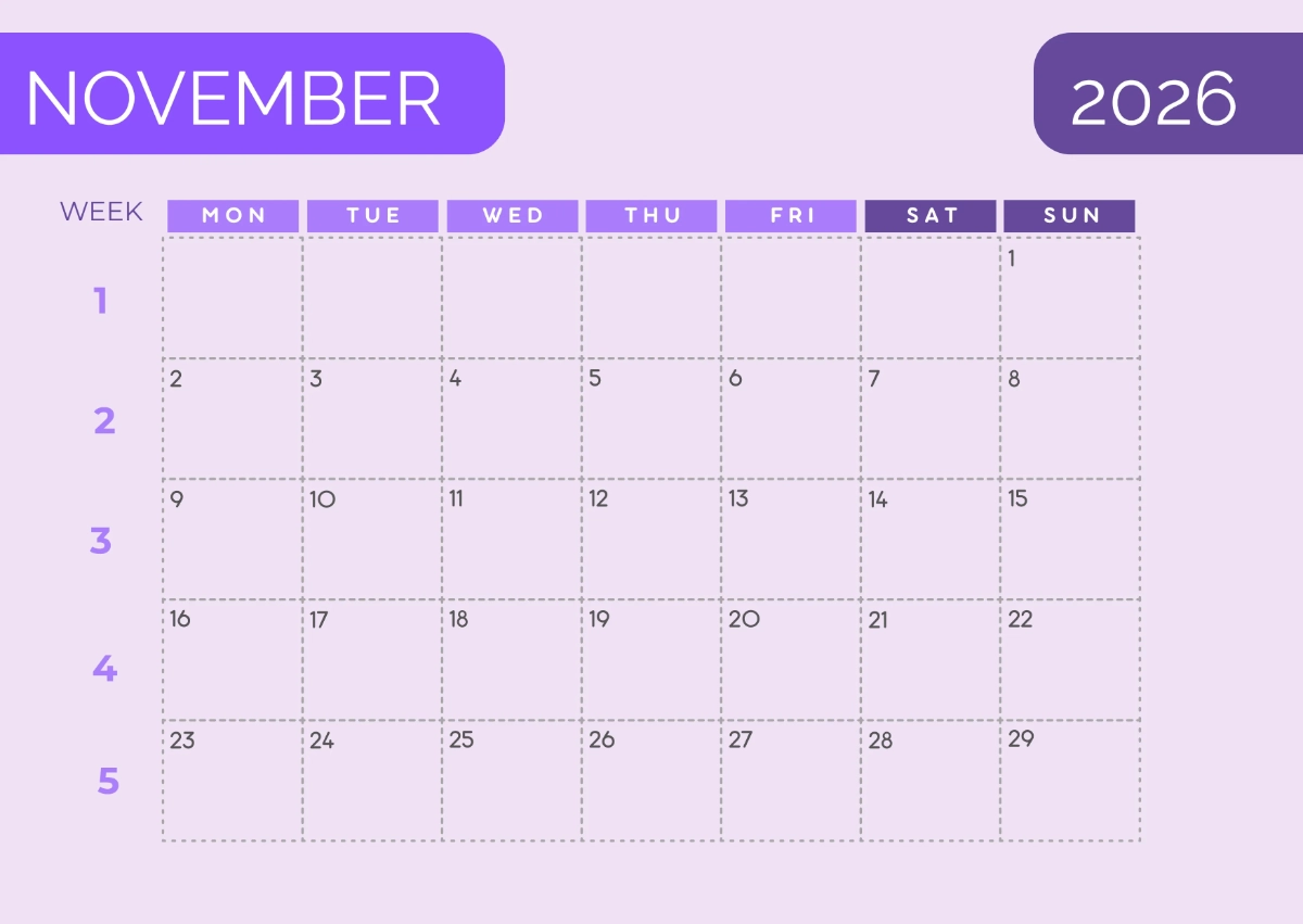 Free Blank November 2026 Calendar Template To Edit Online