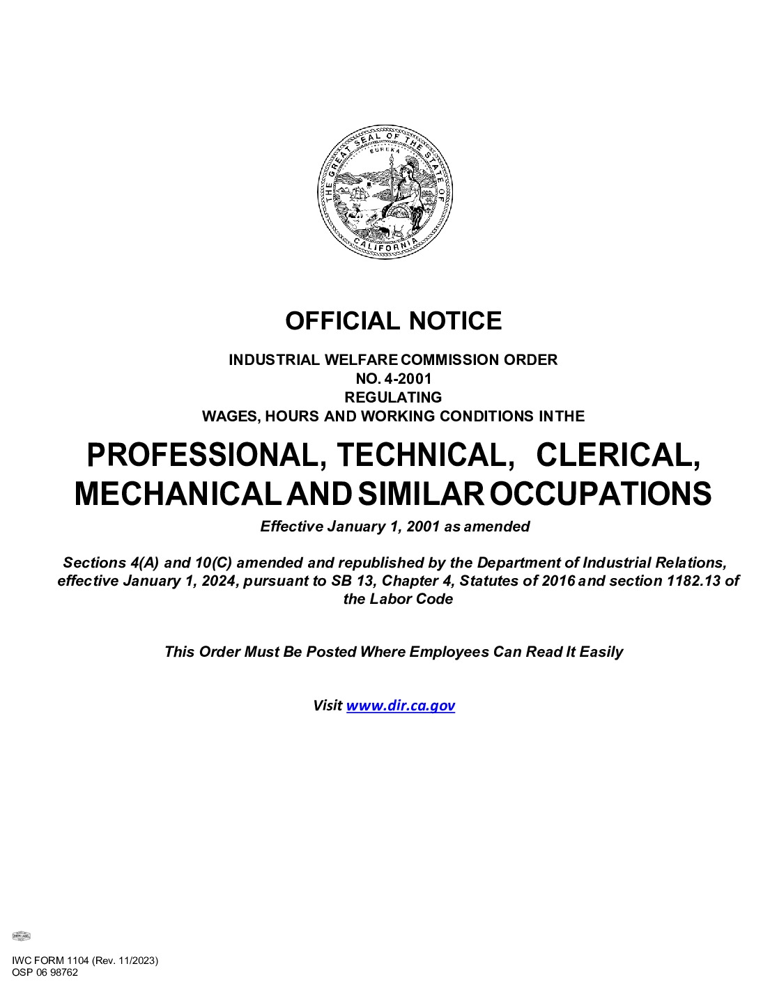 Free California California IWC Wage Order 4 Labor Law Poster 2026