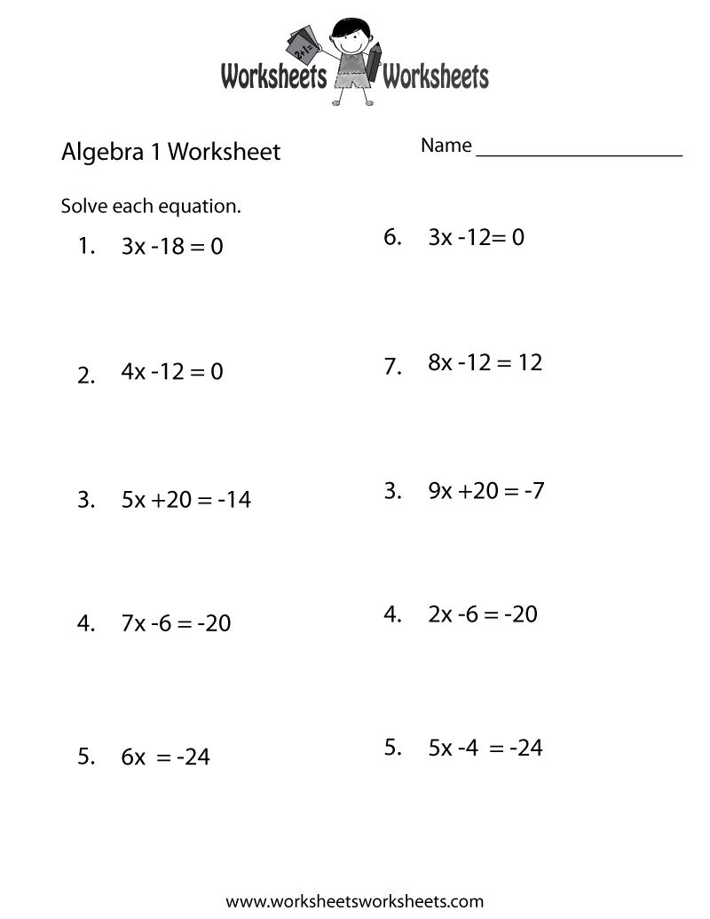 Algebra 1 Printable Worksheets 9th