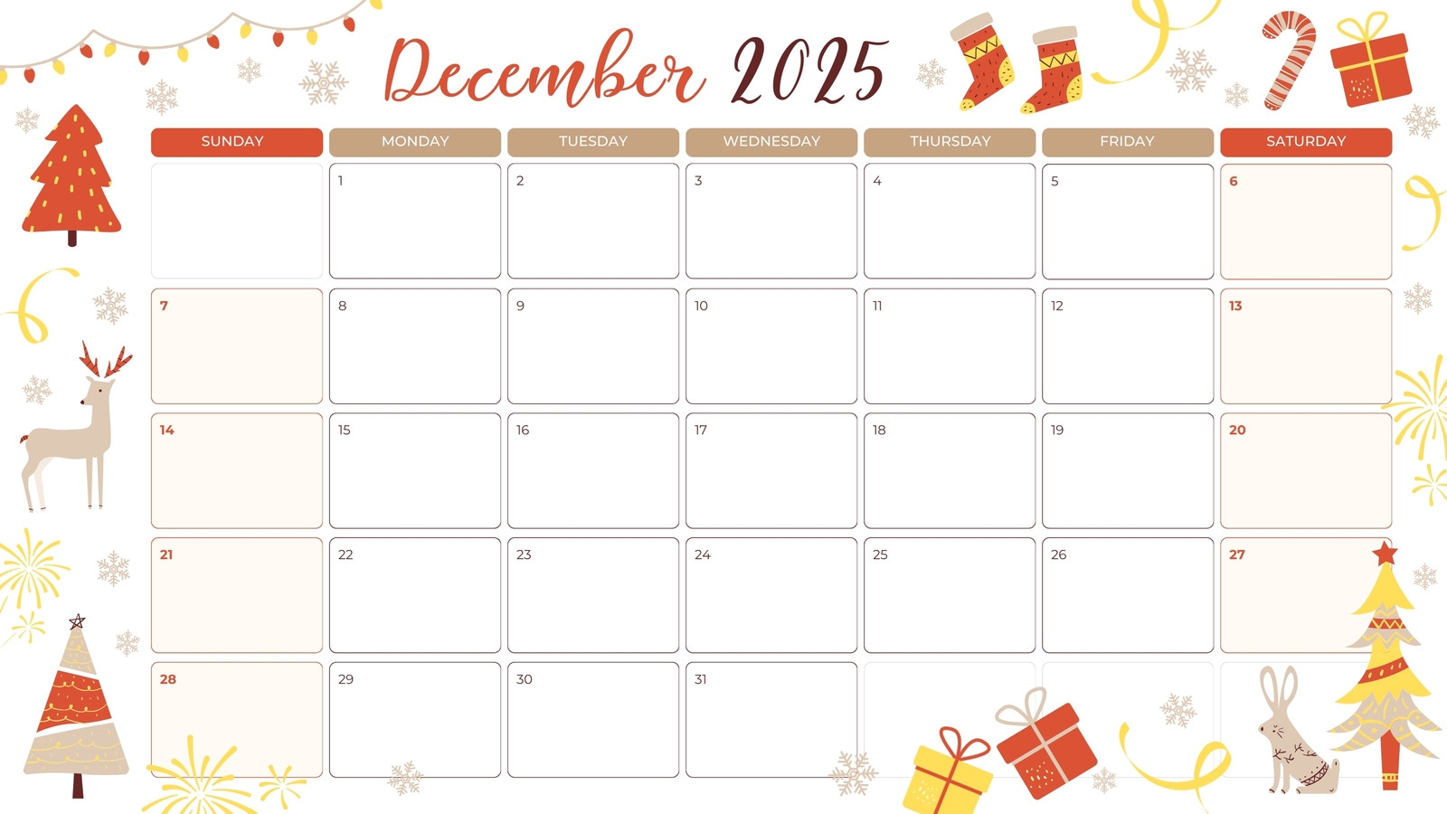December Calendar Free Printable Cute