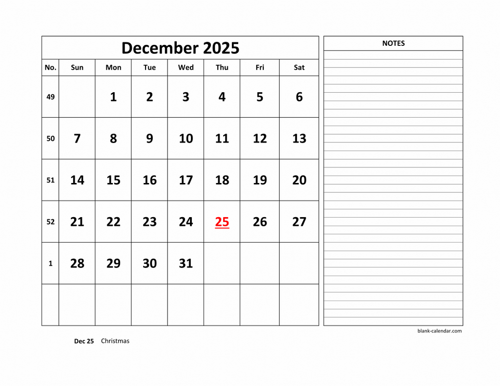 Free Download Printable December 2025 Calendar Large Space For 