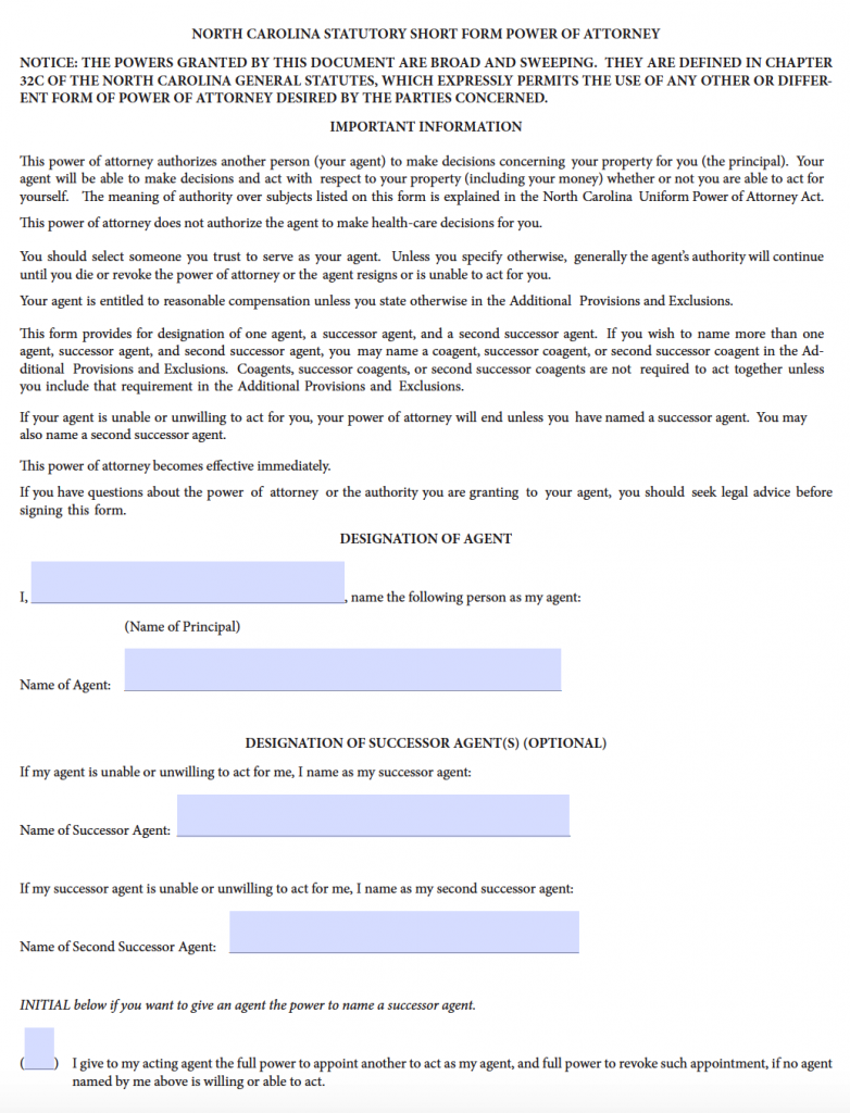 Free Durable Power Of Attorney Form North Carolina