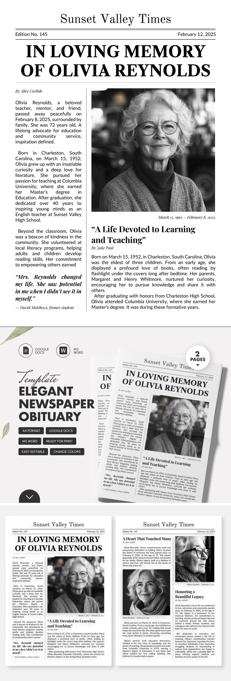 Free Elegant Newspaper Obituary Template For Google Docs And 