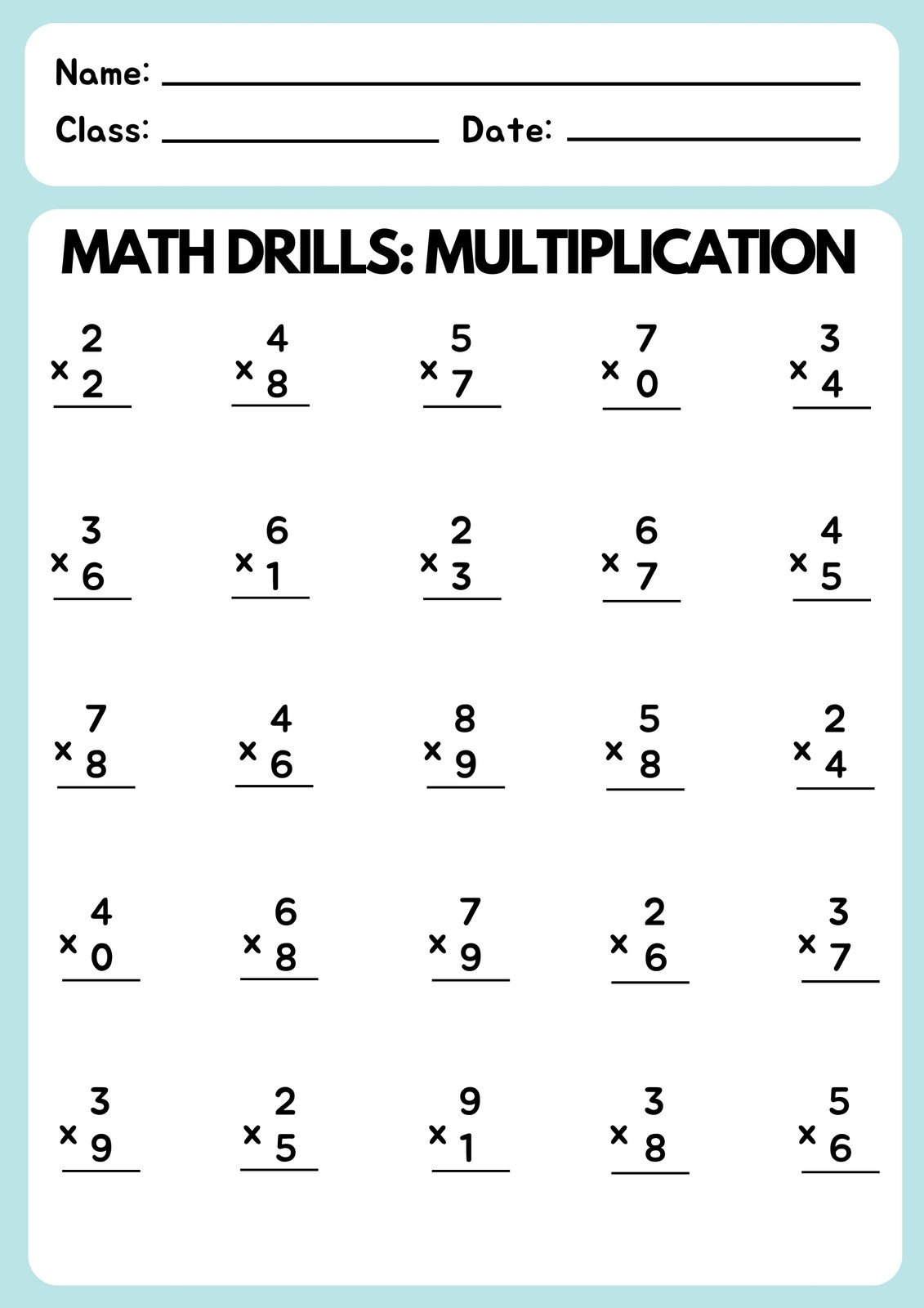 Printable Multiplication Worksheets Free