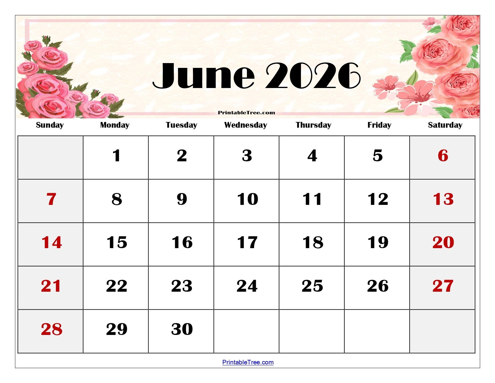 June Calendar 2026 Printable Free