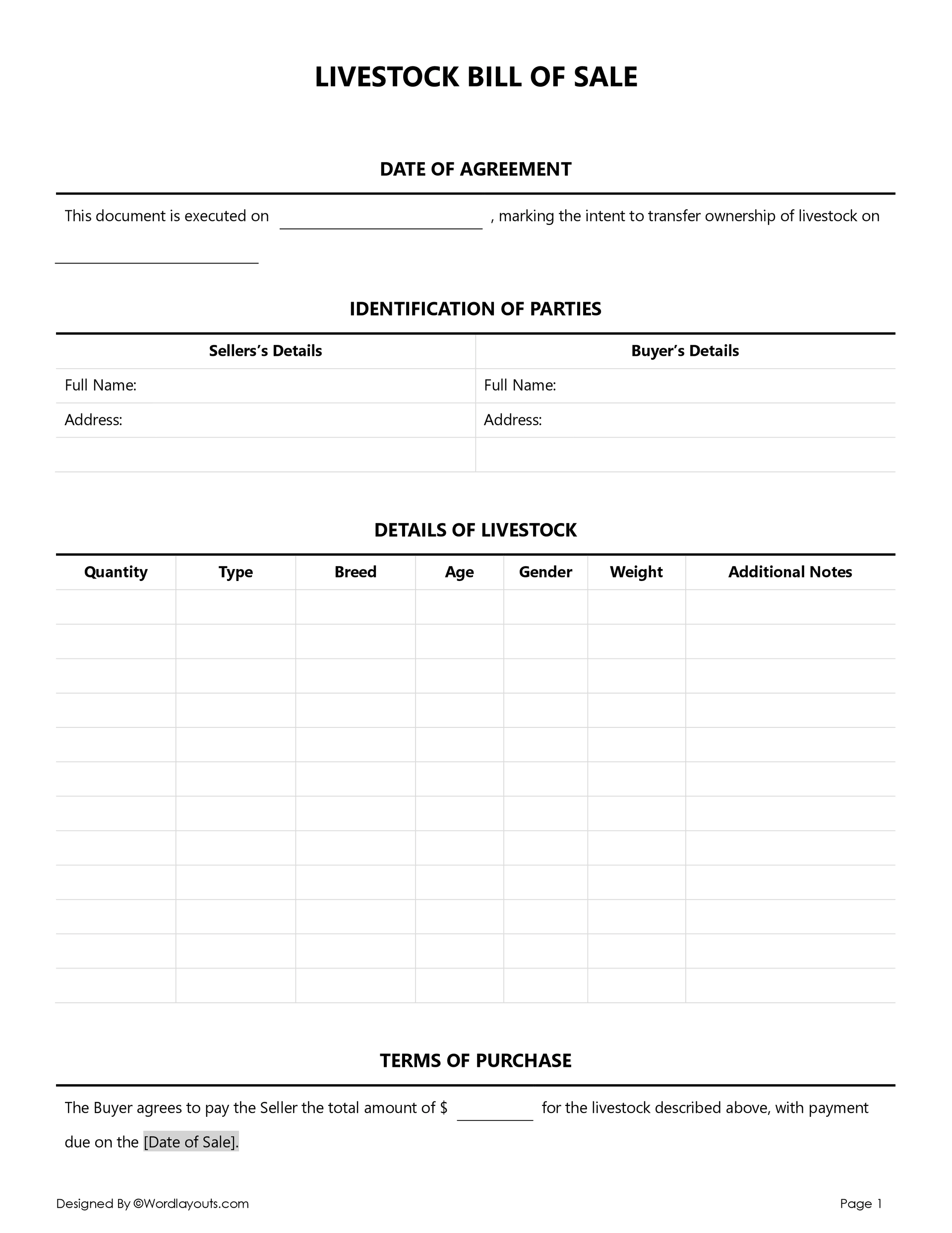 Free Livestock Bill Of Sale Forms WordLayouts