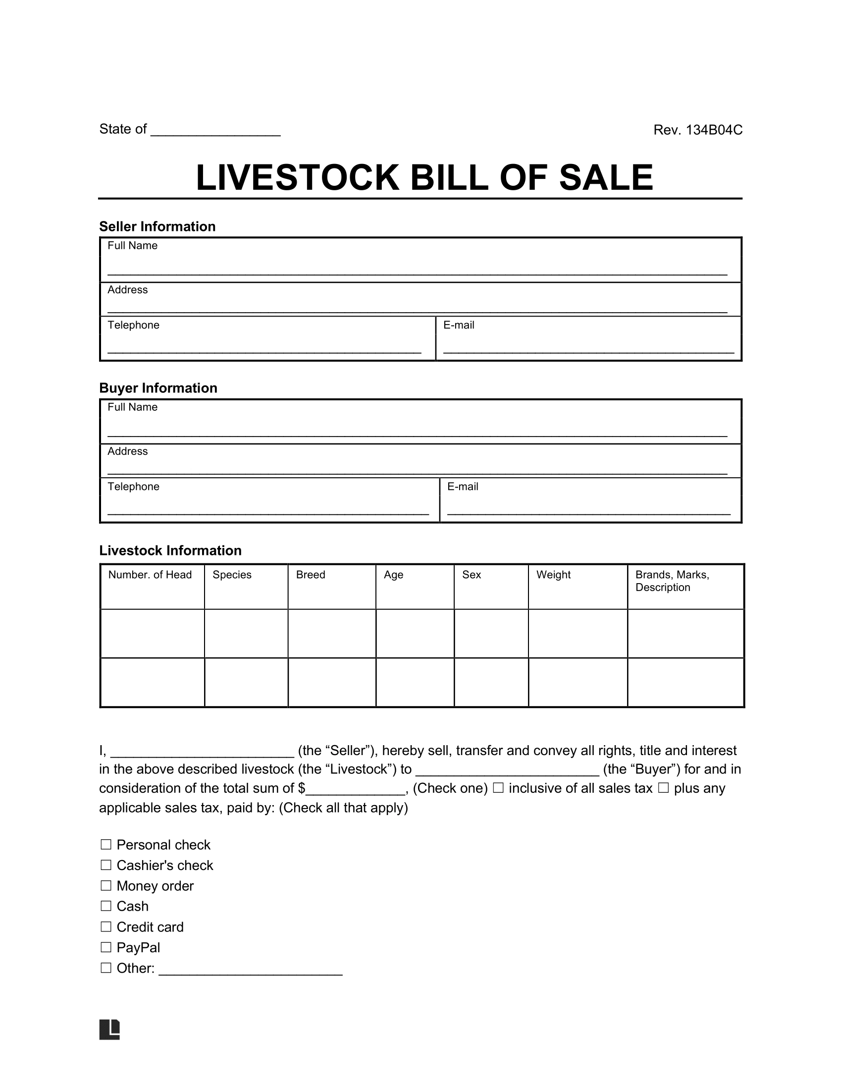 Free Livestock Bill Of Sale Template PDF amp Word