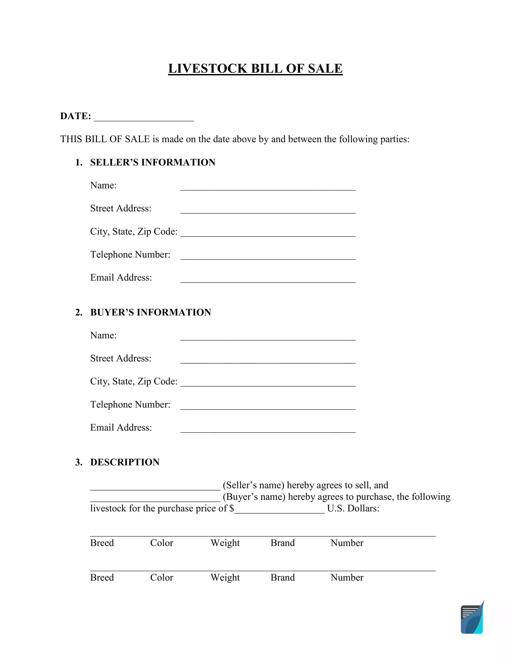 Free Livestock Cattle Bill Of Sale Form FormsPal