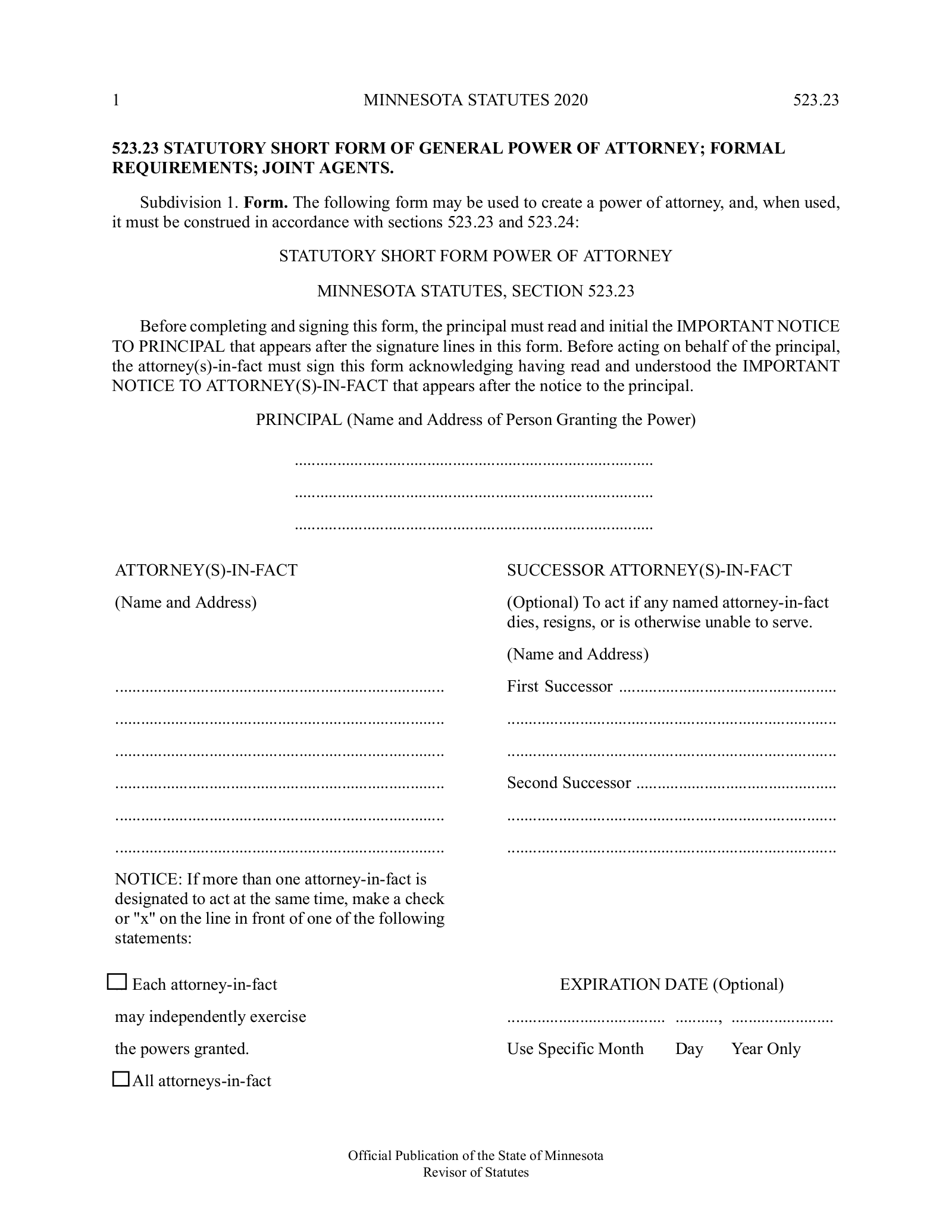 Free Minnesota Durable Statutory Power Of Attorney Form PDF 