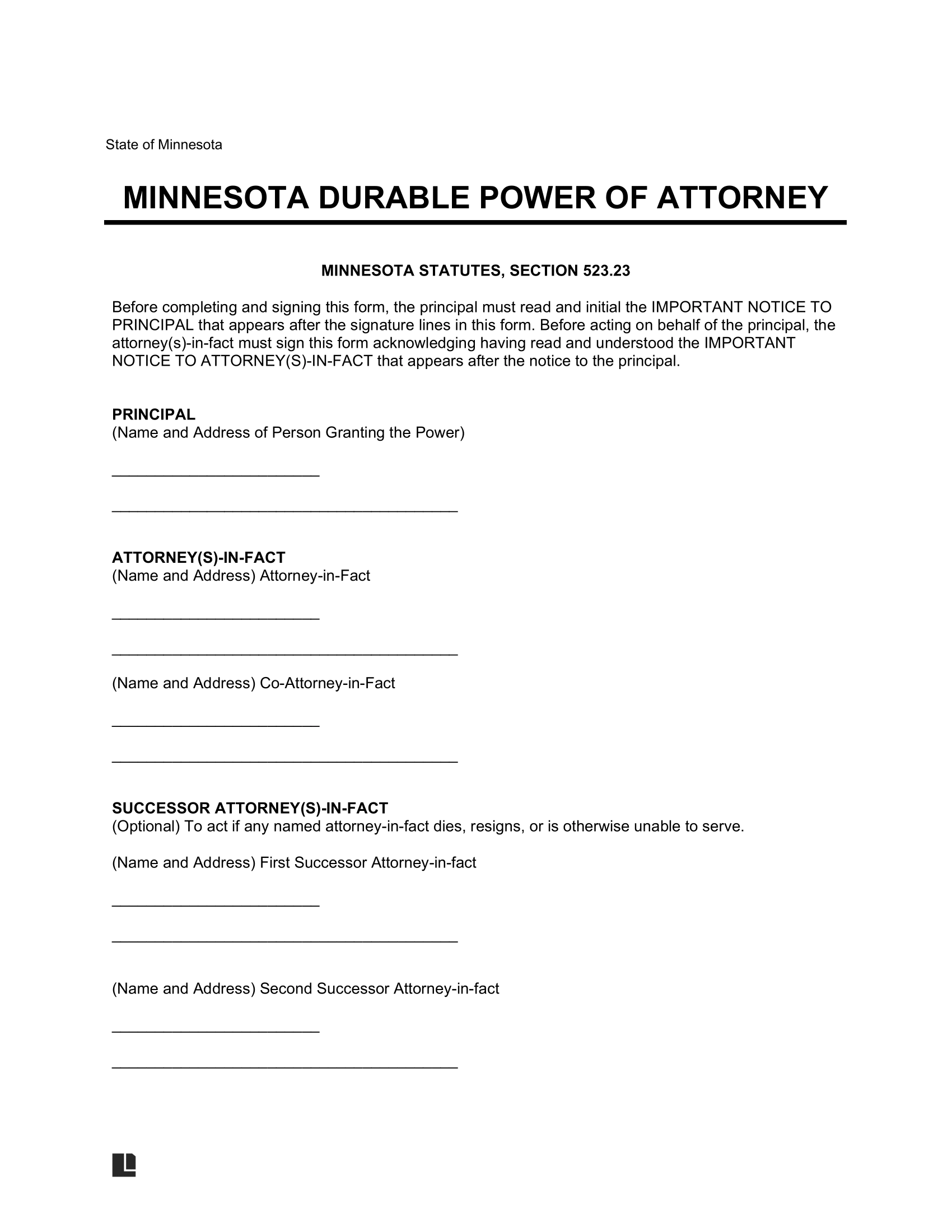 Free Minnesota Durable Statutory Power Of Attorney Form