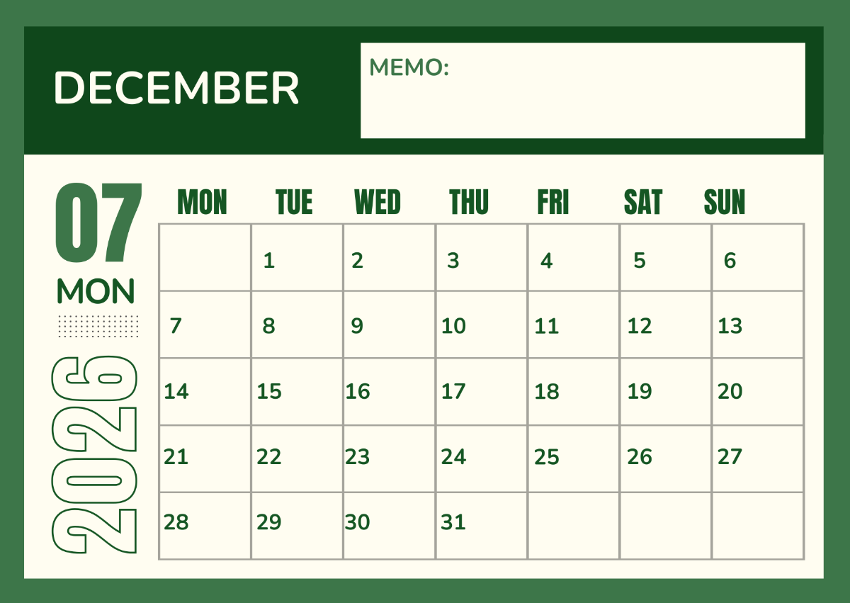 Editable December 2026 Calendar Template Printable