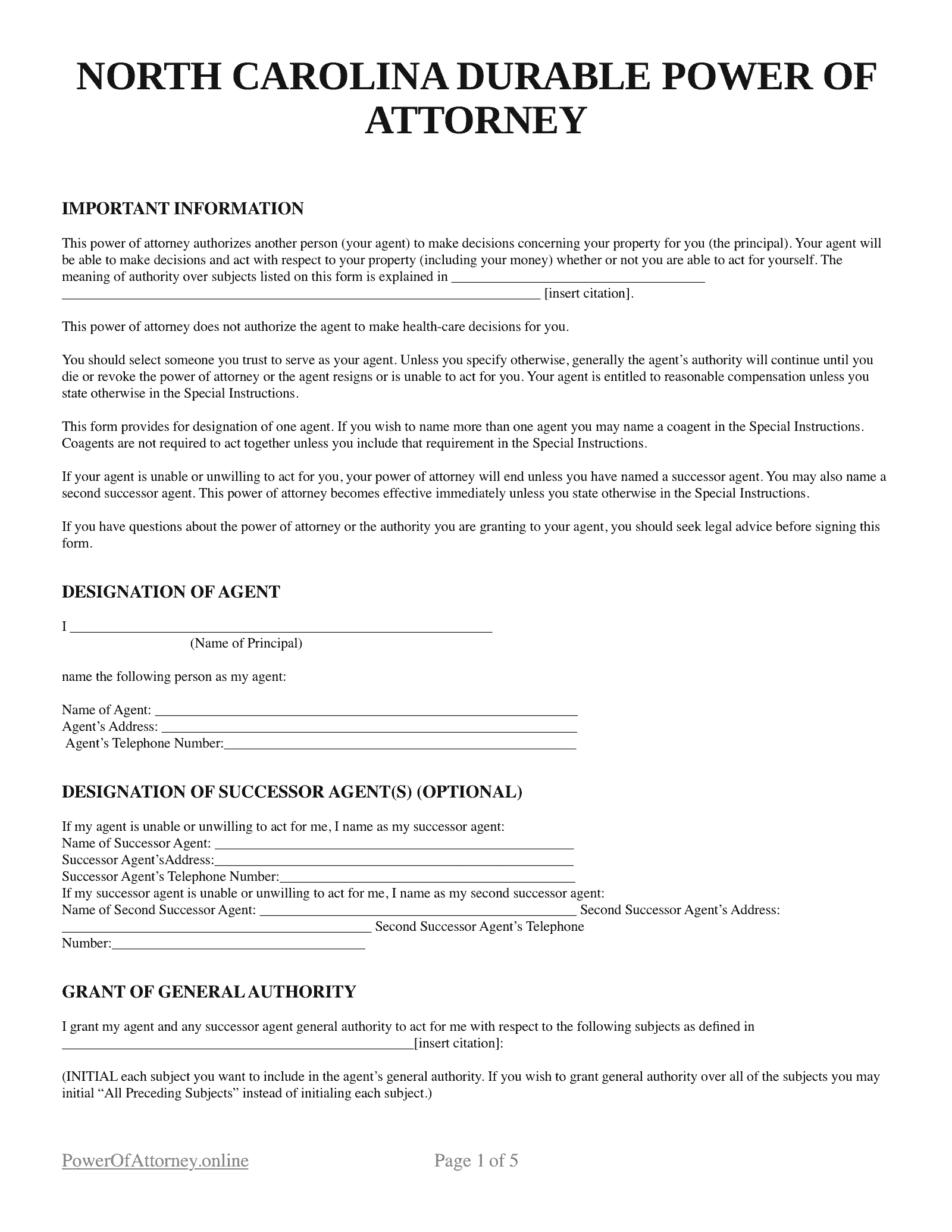 Free North Carolina NC Durable Power Of Attorney Forms 