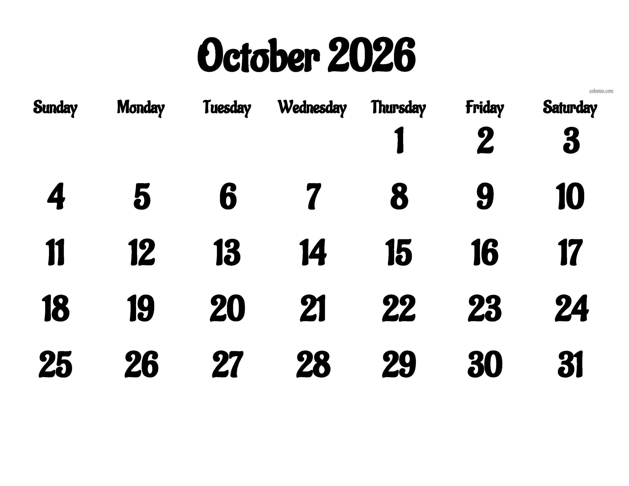 October 2026 Calendar Black And White