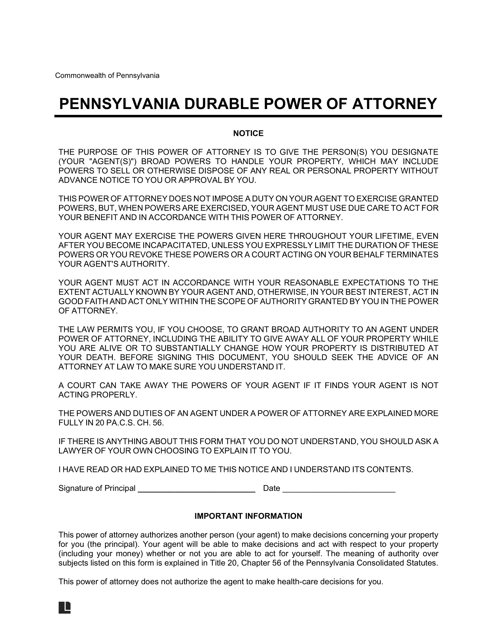 Free Pennsylvania Durable Power Of Attorney Form PDF amp Word