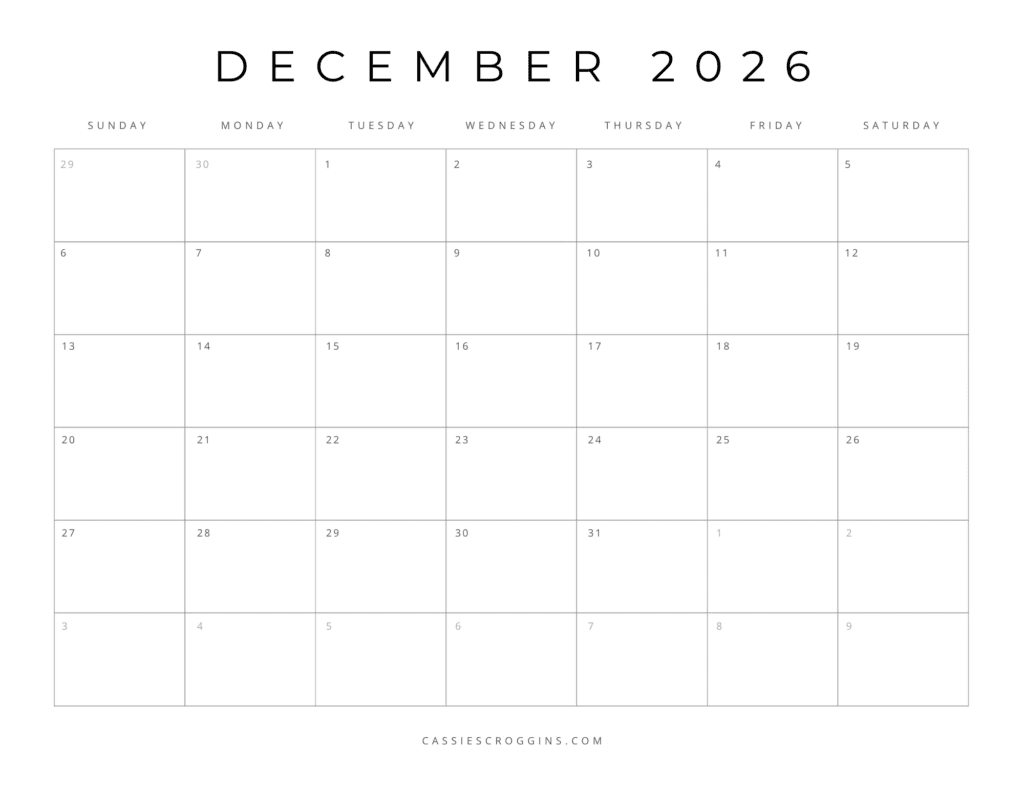 Printable December 2026 Calendar Free