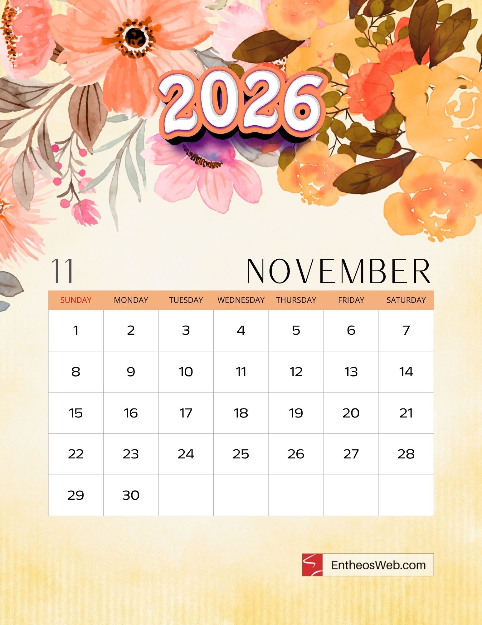 Free Printable 2026 Monthly Calendar Beautiful Watercolor Floral 