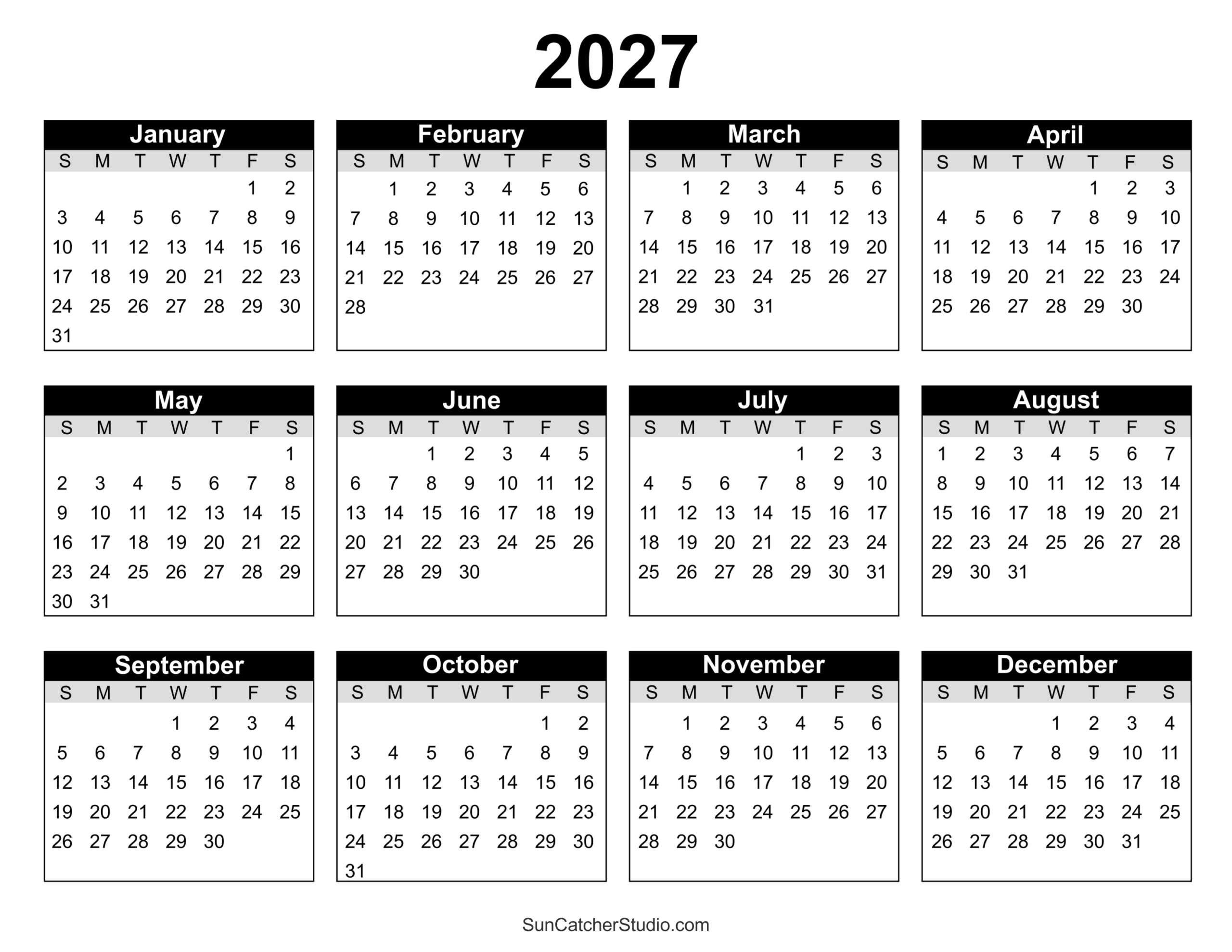 Free Printable 2027 Yearly Calendar Free Printables Monograms 