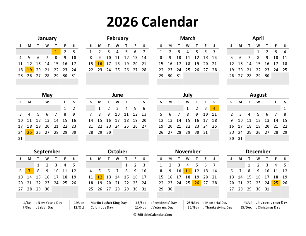 Free Printable Calendar 2026 Word PDF Excel 