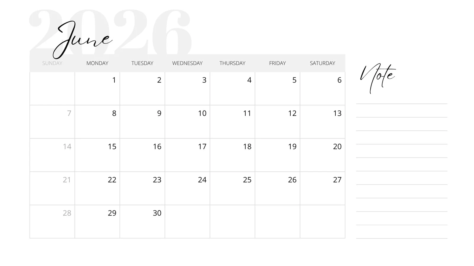 Blank Printable June 2026 Calendar