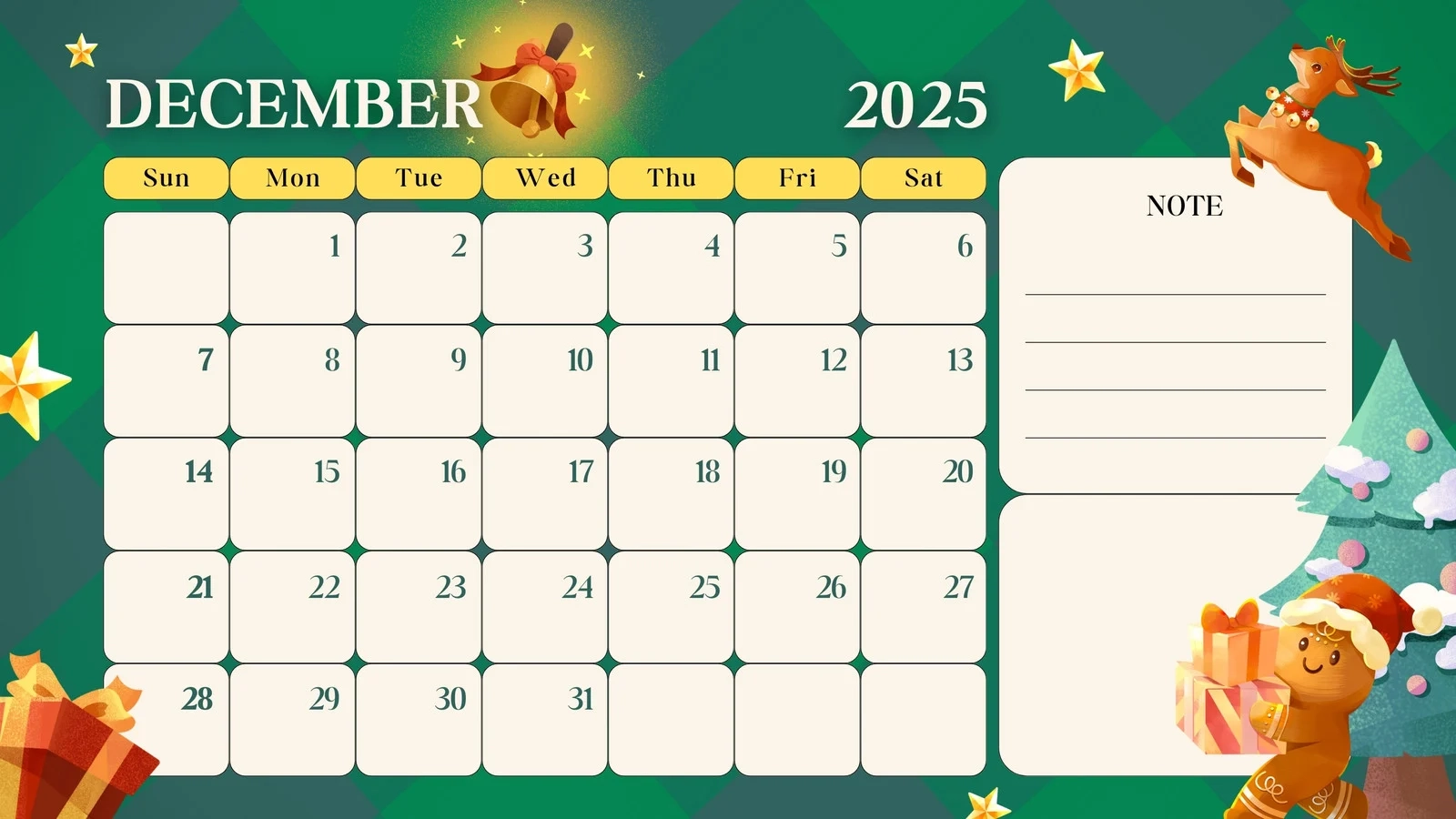 Christmas Themed December Printable Calendar
