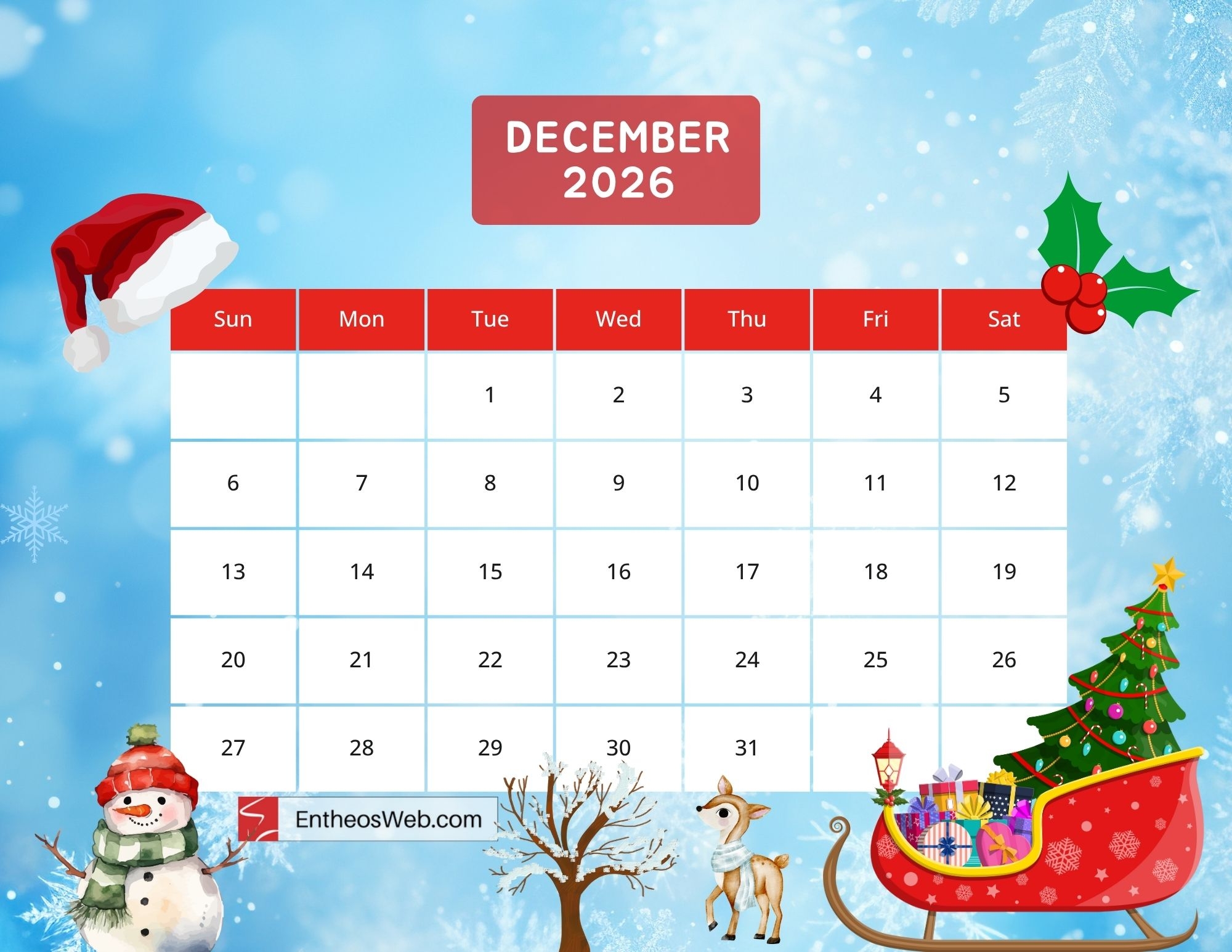 Free Printable December 2026 Calendars EntheosWeb