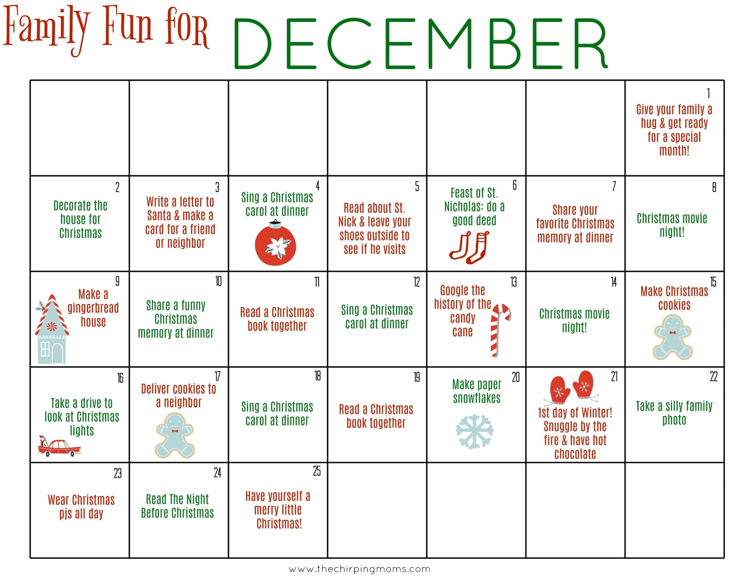 Christmas December Calendar Printable Free