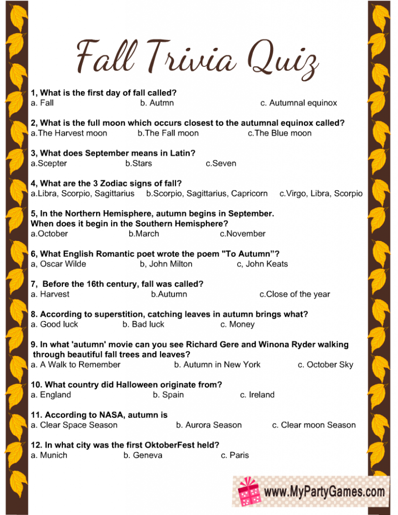 Printable Trivia Sheets For Seniors