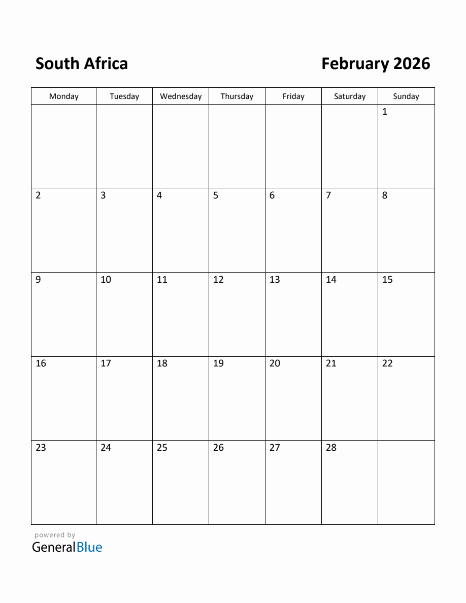 Free Printable February 2026 Calendar For South Africa Monday Start 