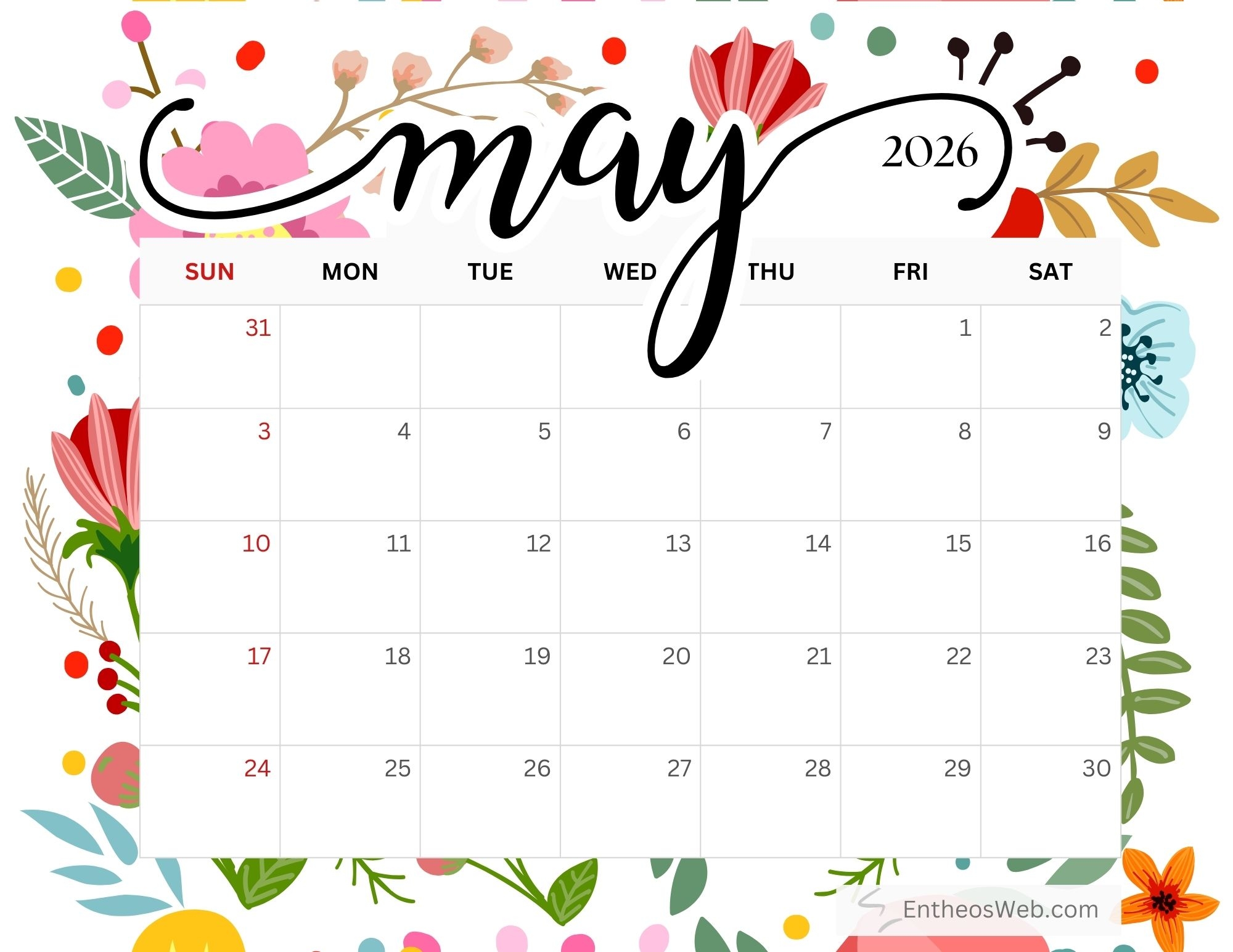 Free Printable May Calendar 2026