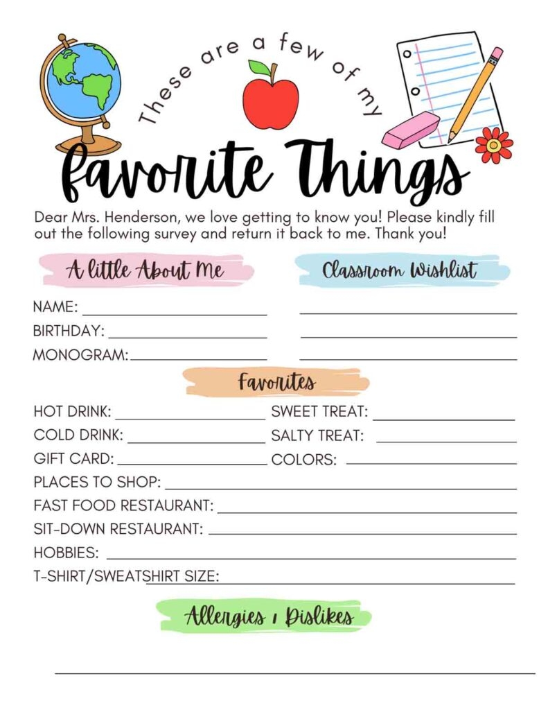 My Favorite Things Form Free Printable