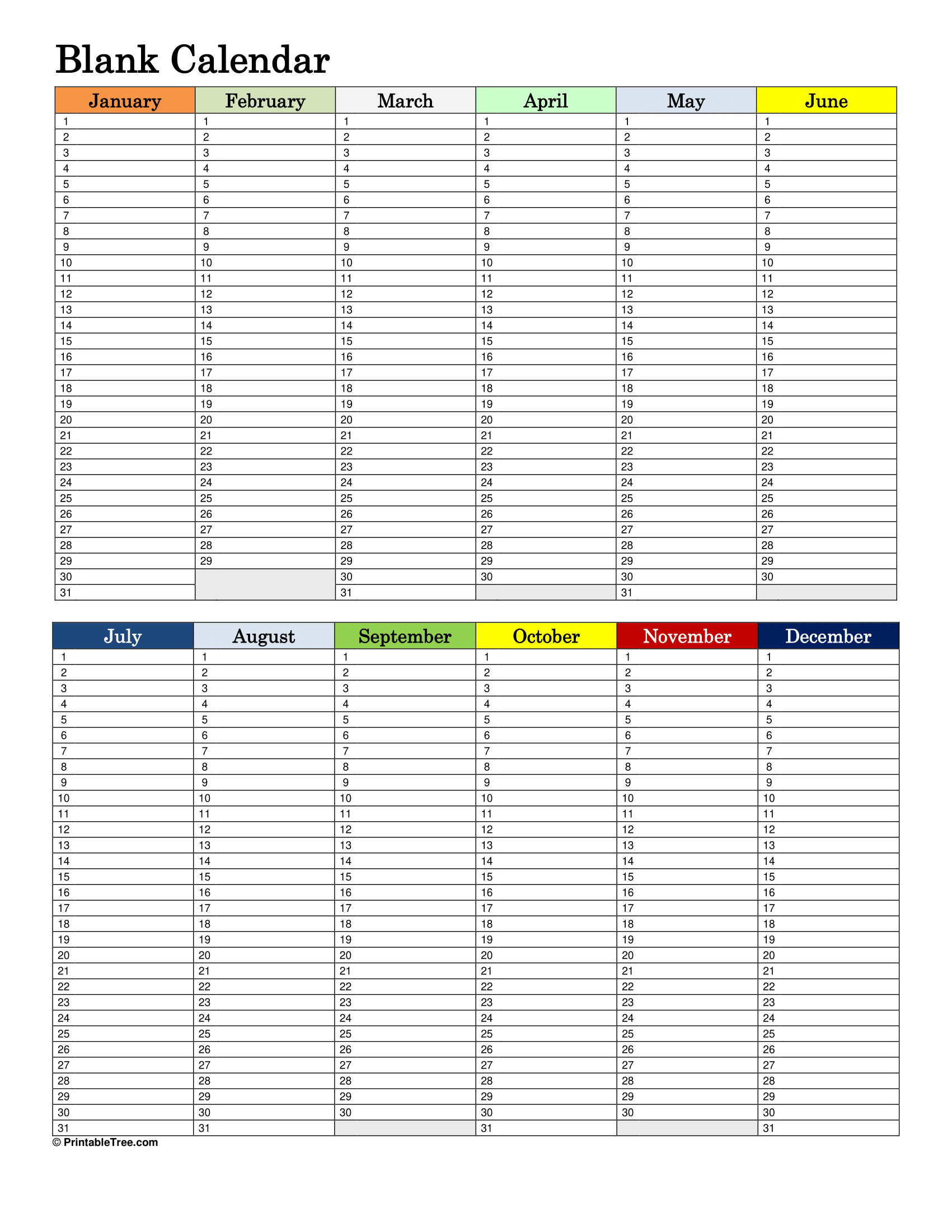 Blank Free Printable Yearly Calendar