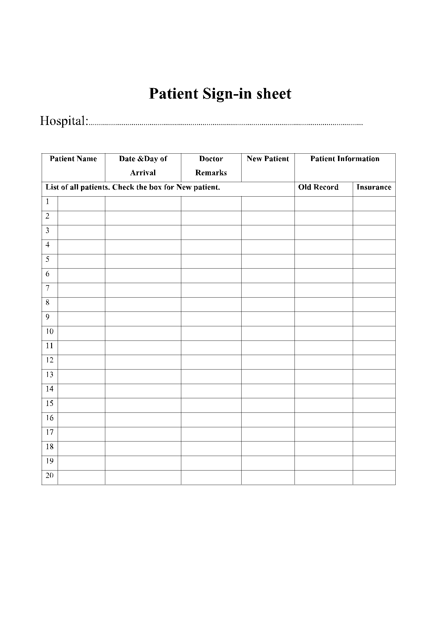 Printable Sign In Sheet Template