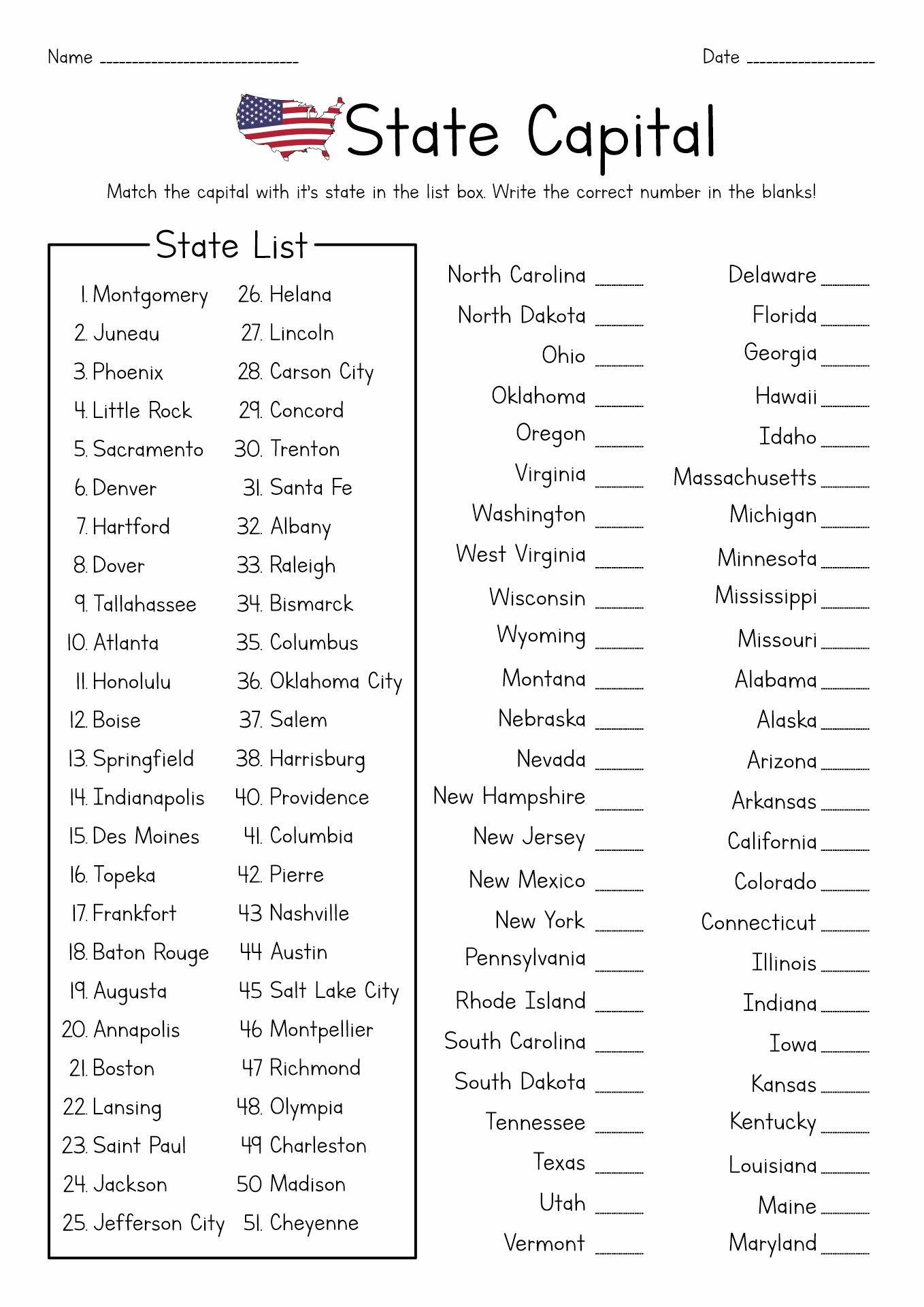 States And Capitals Free Printable Worksheets