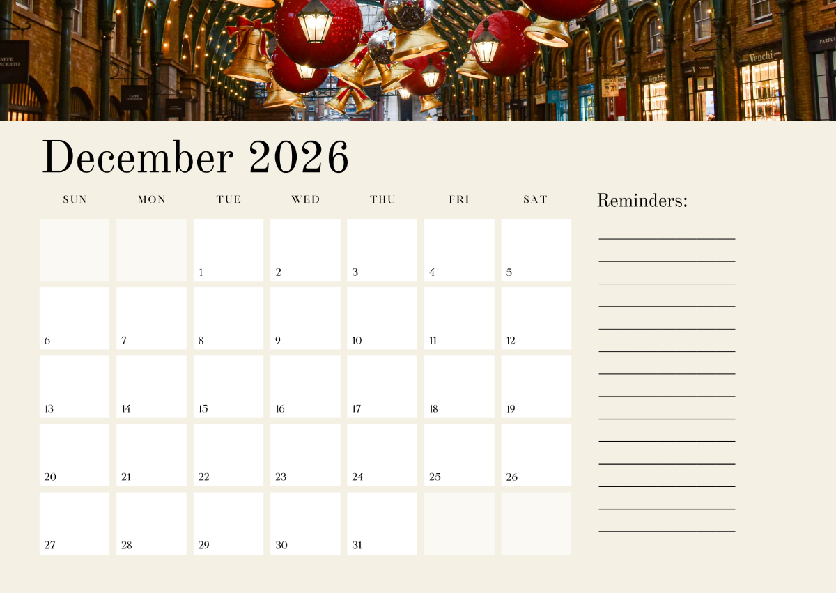 2026 December Printable Typable Calendar