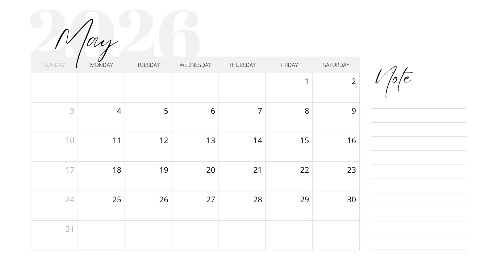 May Blank Calendar 2026 Printable Free