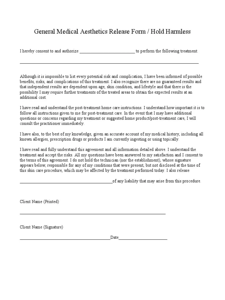 General Medical Aesthetics Release Form Hold Harmless PDF 