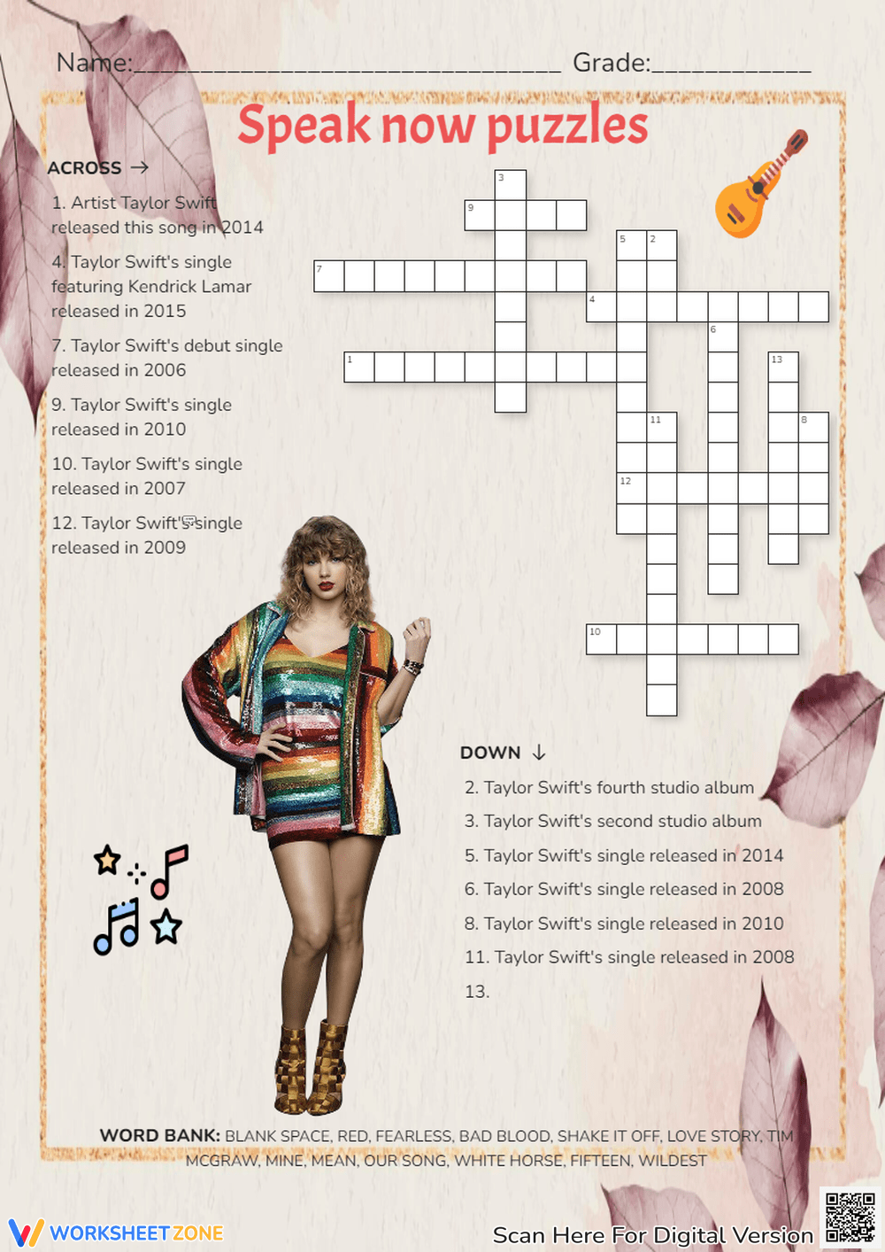 Grade 1 Taylor Swift Crossword Worksheets amp Printable