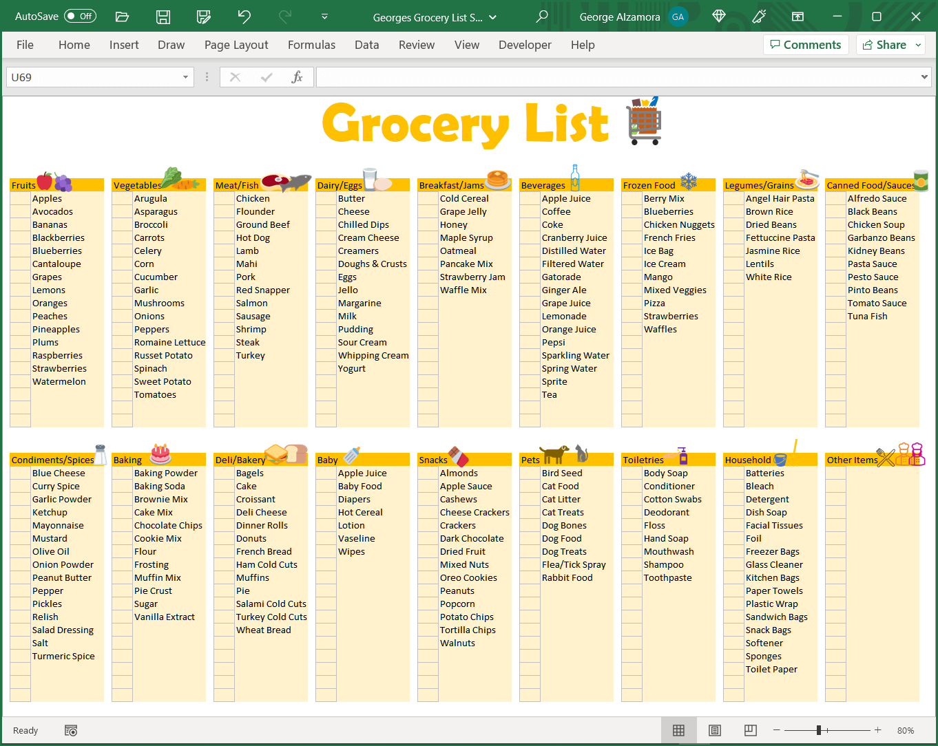 Excel Spreadsheet Printable Grocery List Template Word
