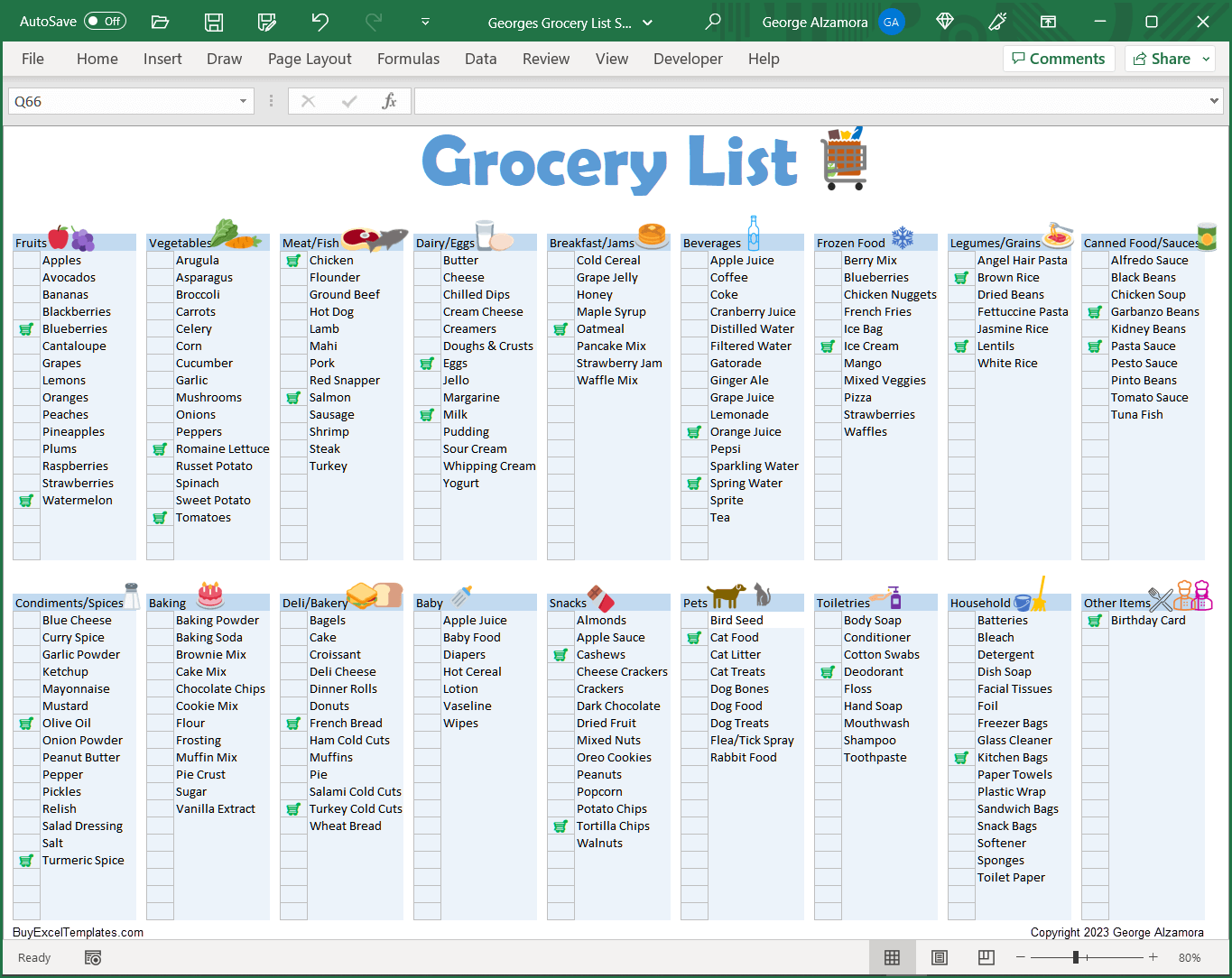 Grocery List Spreadsheet Printable Food Shopping Planner