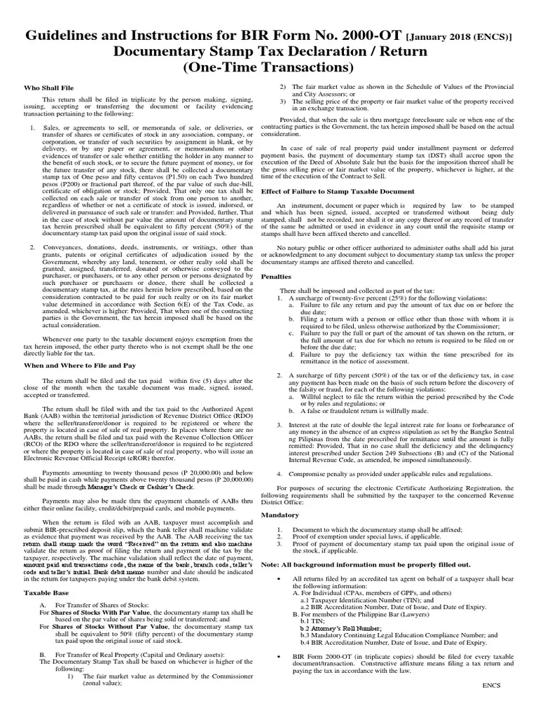 Guidelines BIR Form No 2000 OT PDF Payments Taxes