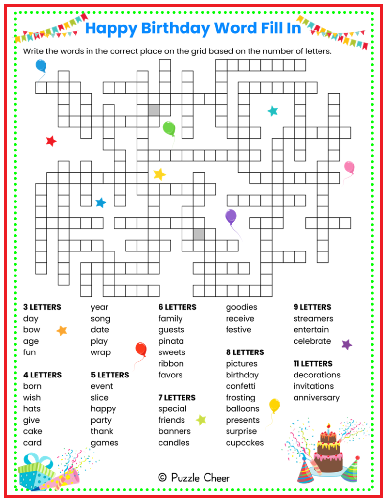 Happy Birthday Word Fill In Puzzle Puzzle Cheer