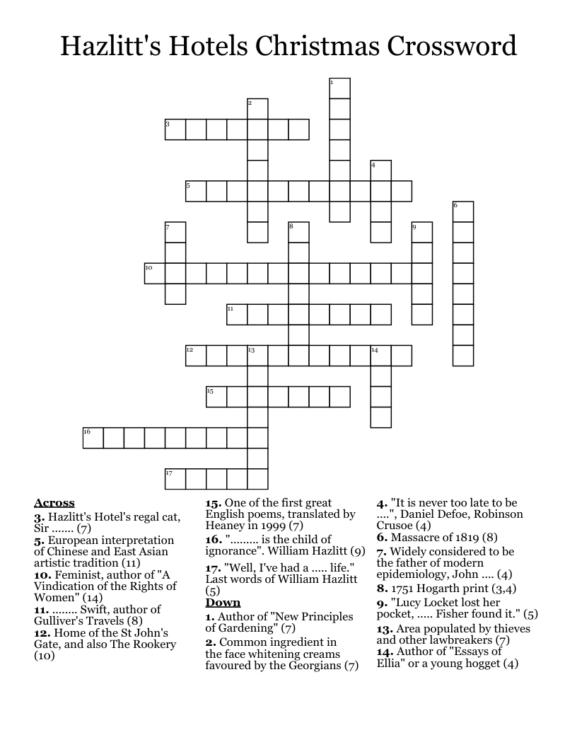 Hazlitt s Hotels Christmas Crossword WordMint